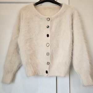 Fuzzy luxe brushed real angora cream cardigan with unique buttons